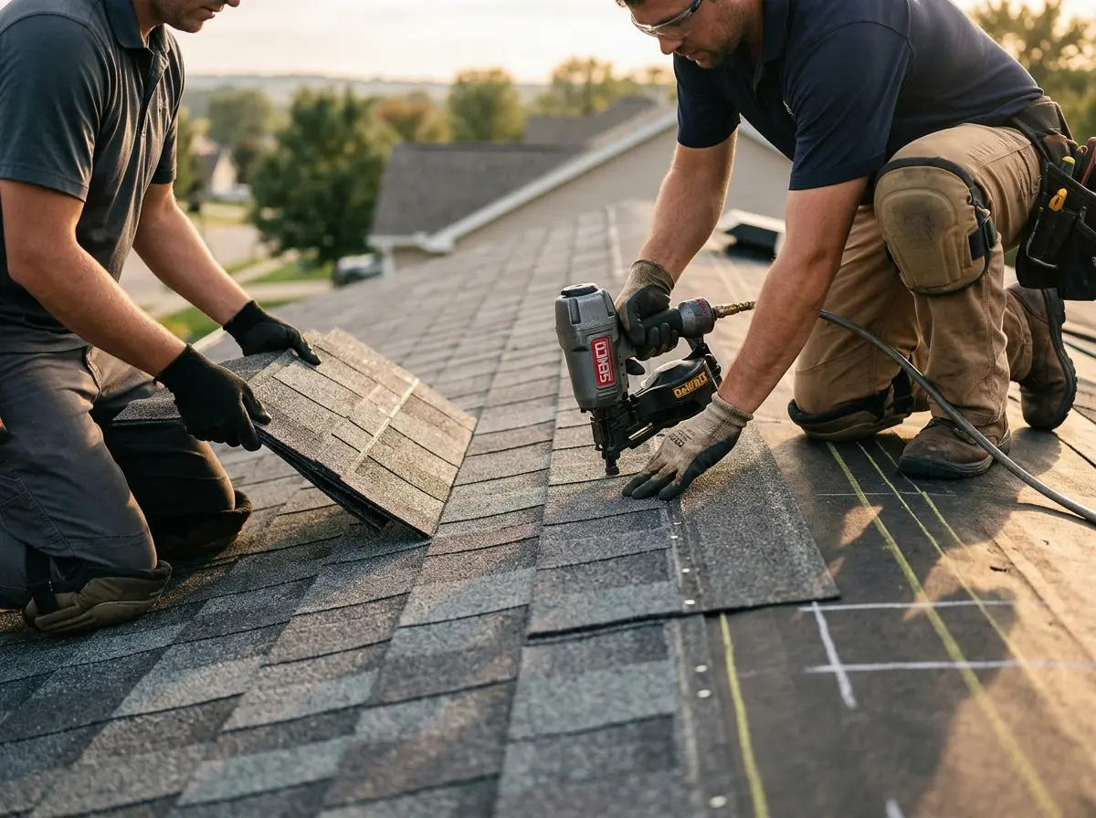 Professional roofer working on a residential roof in Burton